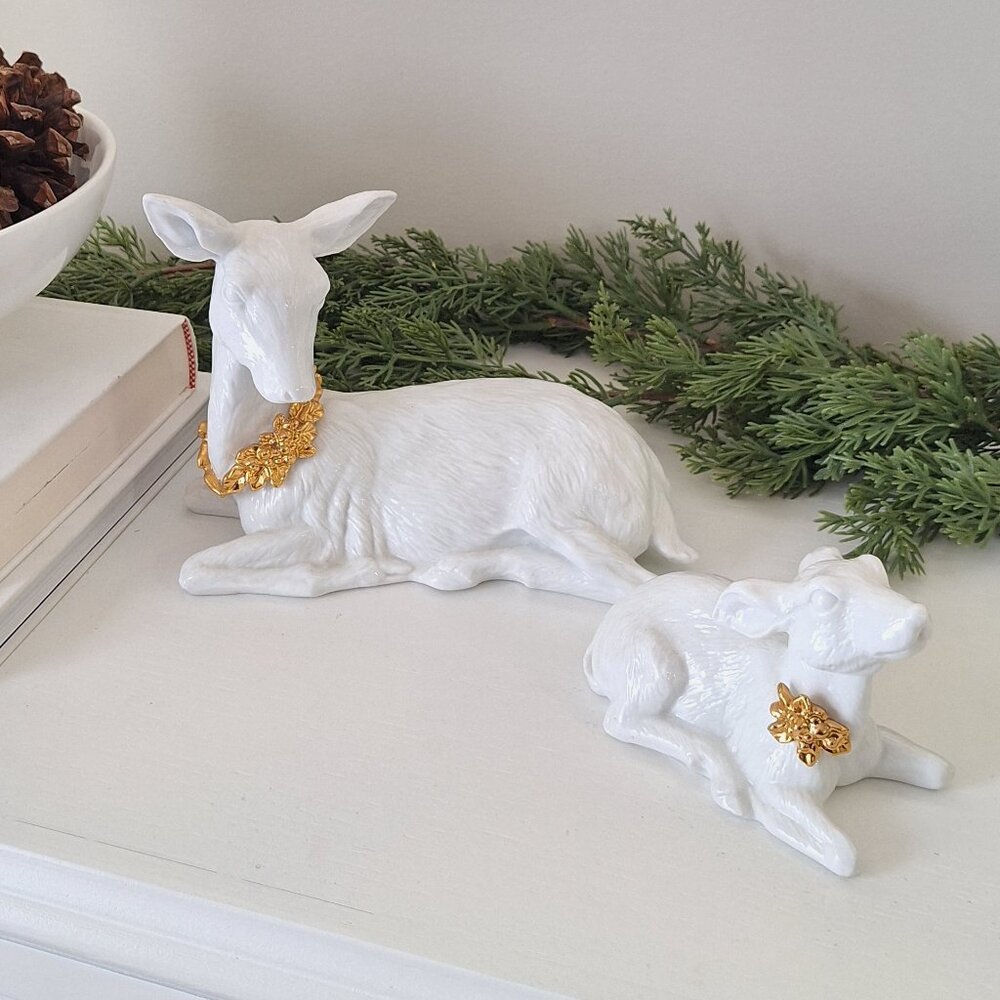Vintage White Deer Reindeer Porcelain Mom Baby Gold Accent (not brass ) 2 statue